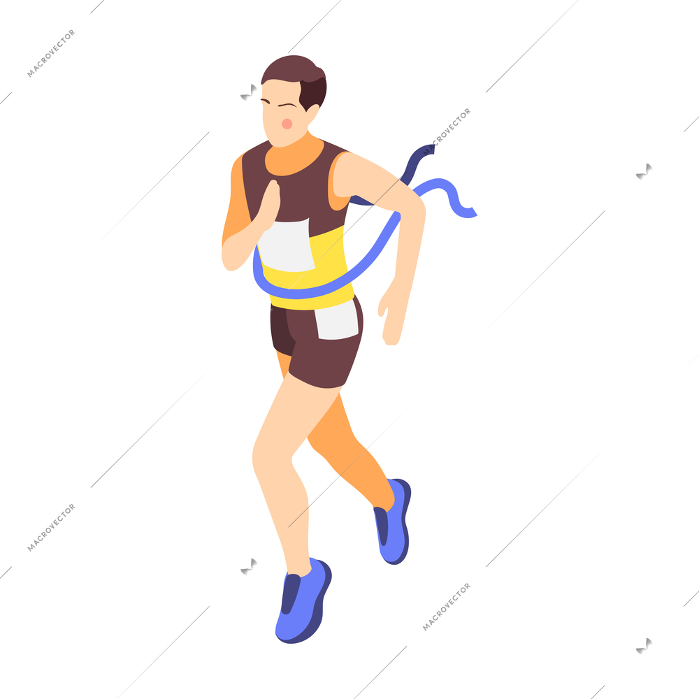 Jogging running people fitness accessories isometric composition with isolated male character with finish ribbon vector illustration