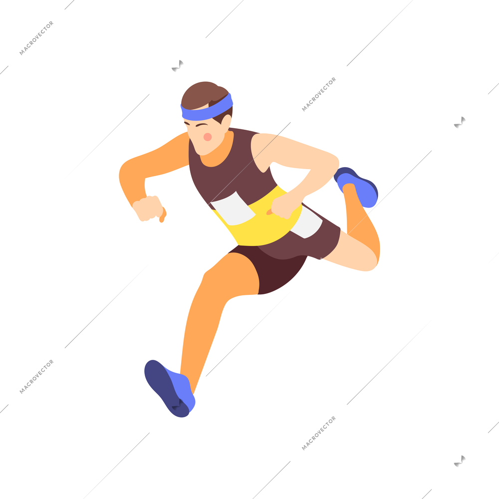 Jogging running people fitness accessories isometric composition with isolated human character of jumping male athlete vector illustration