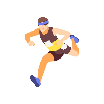 Jogging running people fitness accessories isometric composition with isolated human character of jumping male athlete vector illustration