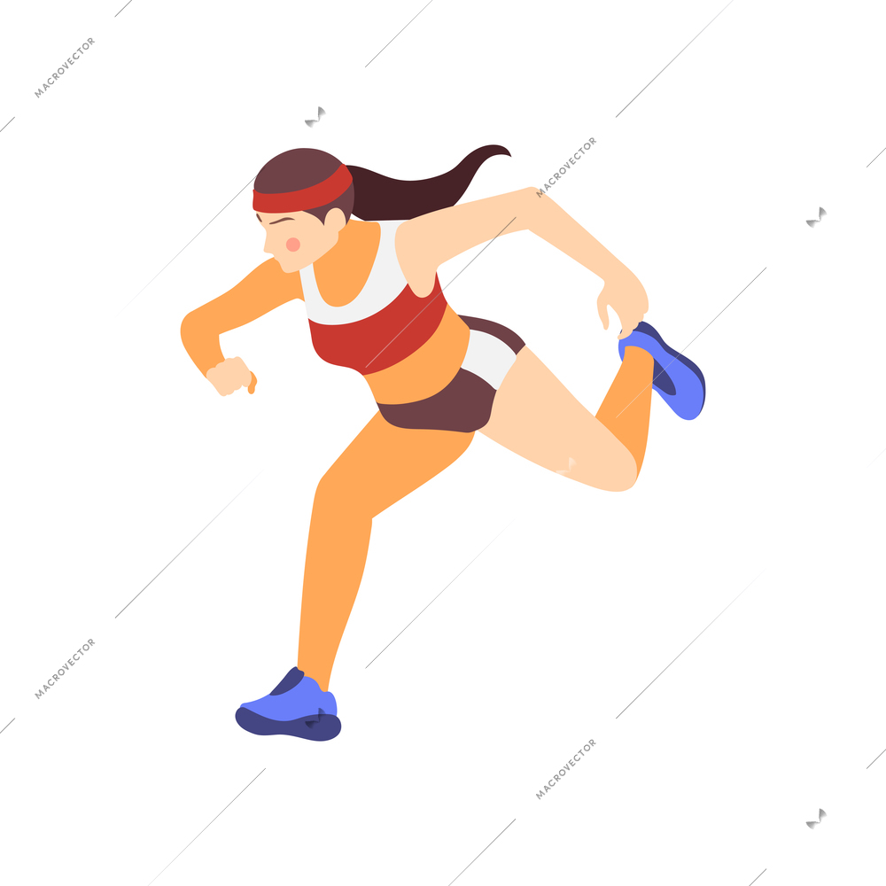 Jogging running people fitness accessories isometric composition with isolated human character of jumping female athlete vector illustration