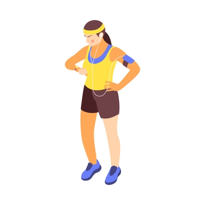 Jogging running people fitness accessories isometric composition with isolated human character of woman with headphones vector illustration