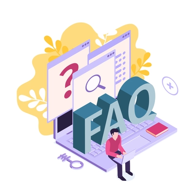 Isometric customer support faq composition with human character and laptop with question mark vector illustration