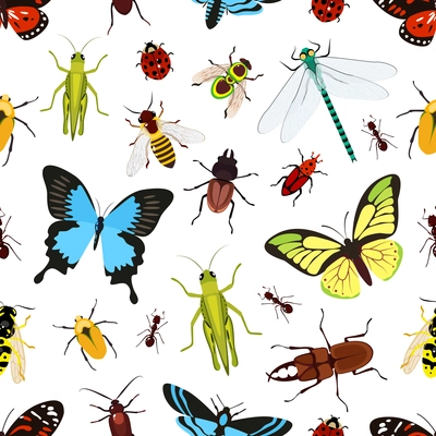 Insects colored seamless pattern with grasshopper wasp butterfly vector illustration