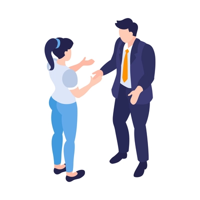 Isometric business education coaching training composition with talking male and female characters vector illustration