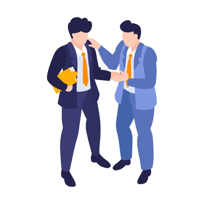 Isometric business education coaching training composition with male characters in suits shaking hands vector illustration