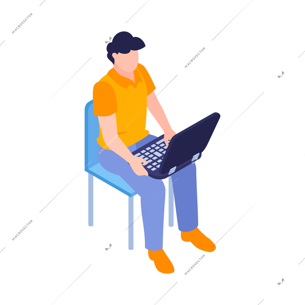 Isometric business education coaching training composition with worker sitting on chair with laptop on knees vector illustration