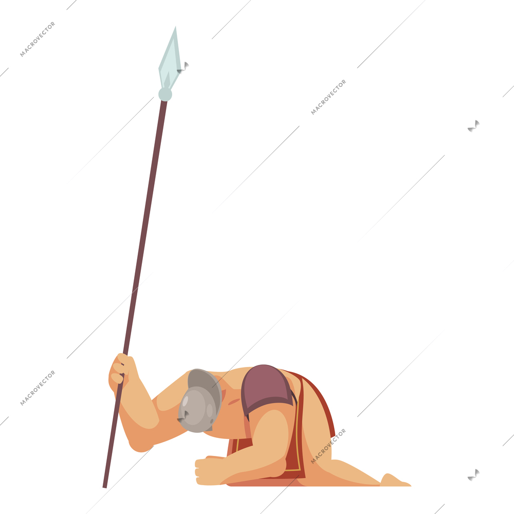Ancient rome gladiator composition with isolated doodle style character of lying gladiator with spear vector illustration