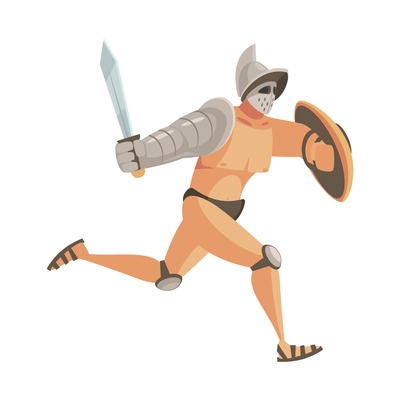 Ancient rome gladiator composition with isolated doodle style character of running roman gladiator with sword vector illustration