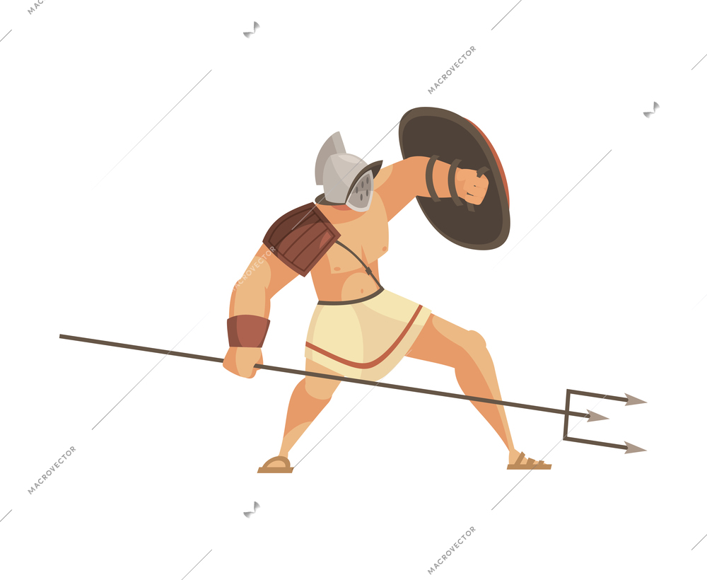 Ancient rome gladiator composition with isolated doodle style character of roman gladiator with spear and shield vector illustration