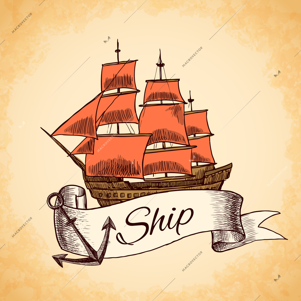 Sailing tall ship wooden vintage clipper with red sails nautical emblem with ribbon and rope vector illustration