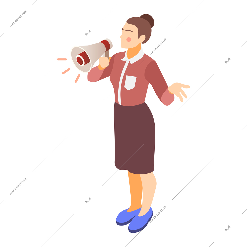 Brand building isometric composition with female character of brand manager speaking in megaphone vector illustration