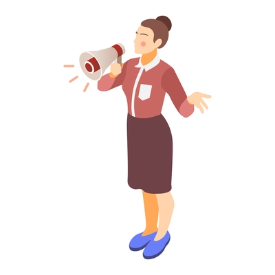 Brand building isometric composition with female character of brand manager speaking in megaphone vector illustration