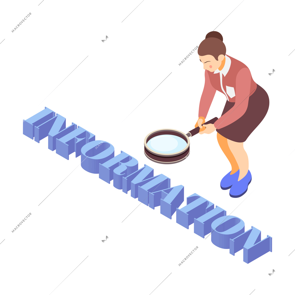 Brand building isometric composition with female character holding magnifying lens with 3d text vector illustration