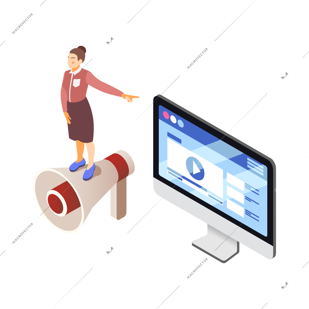 Brand building isometric composition with female character standing on megaphone with computer vector illustration