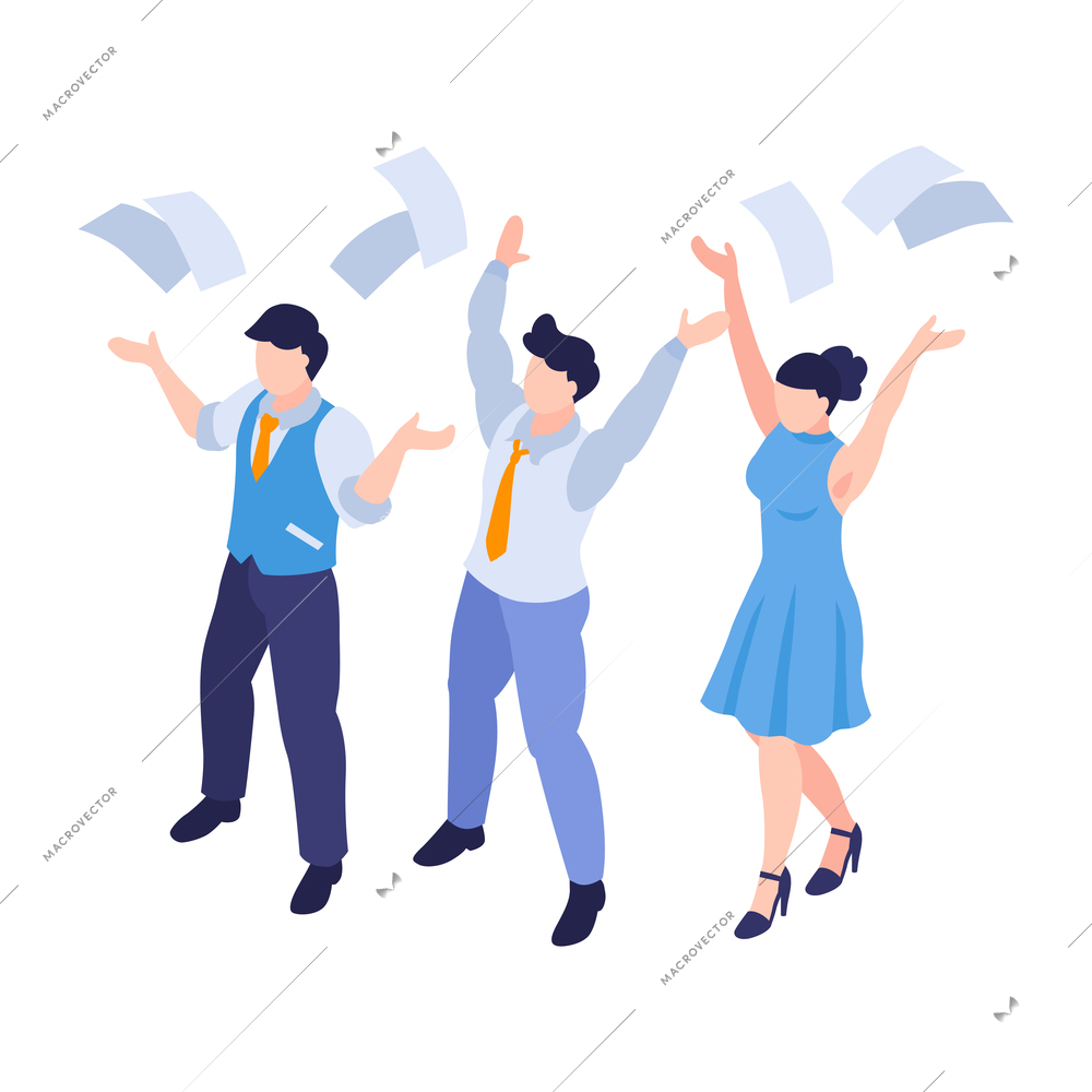 Isometric business education coaching training composition with characters of happy workers throwing papers in air vector illustration
