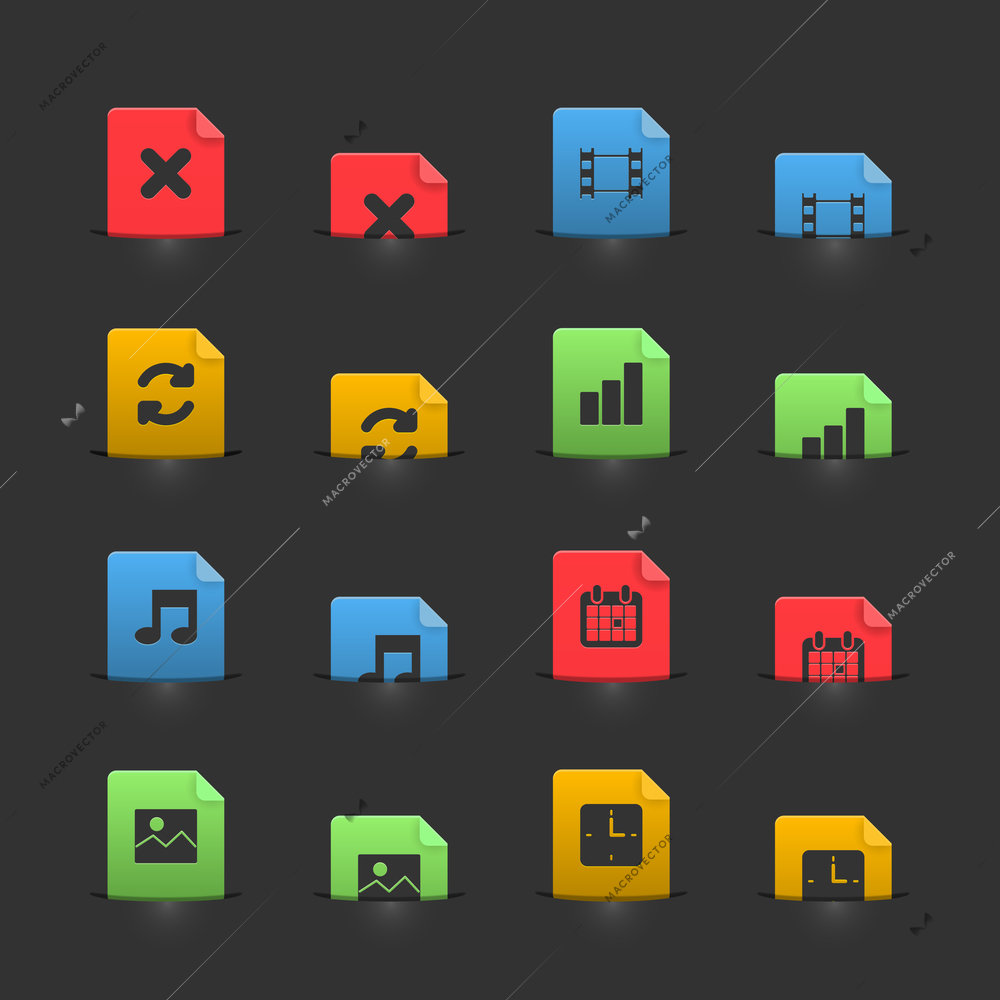 Online media icons set on moving stubs, two positions isolated vector illustration