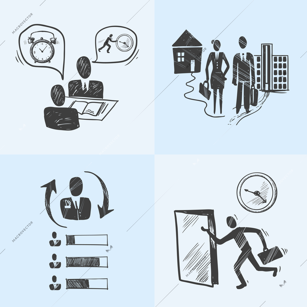 Office business sketch design concept icons set with interview chart people isolated vector illustration