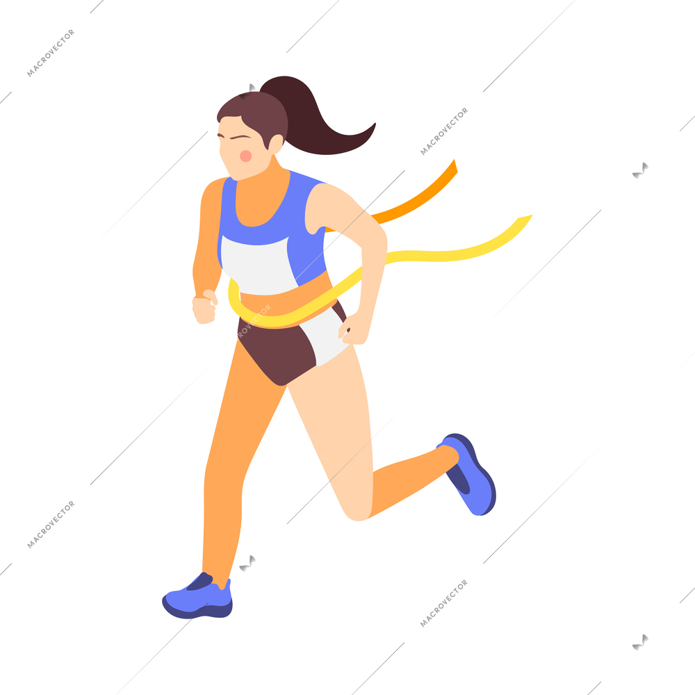 Jogging running people fitness accessories isometric composition with isolated female character of athlete with finish ribbon vector illustration