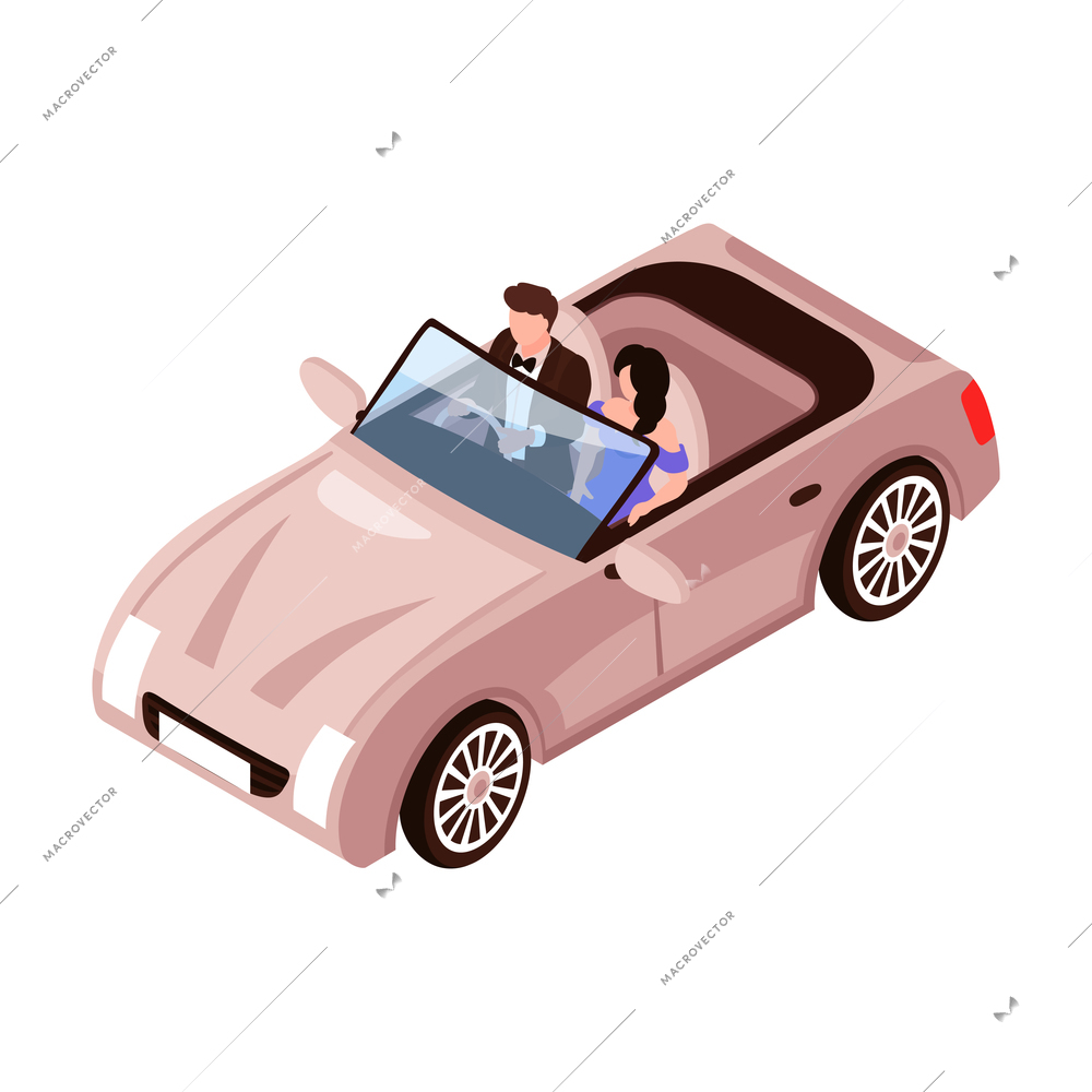 Isometric celebrities red carpet paparazzi composition with isolated image of cabrio car with people vector illustration