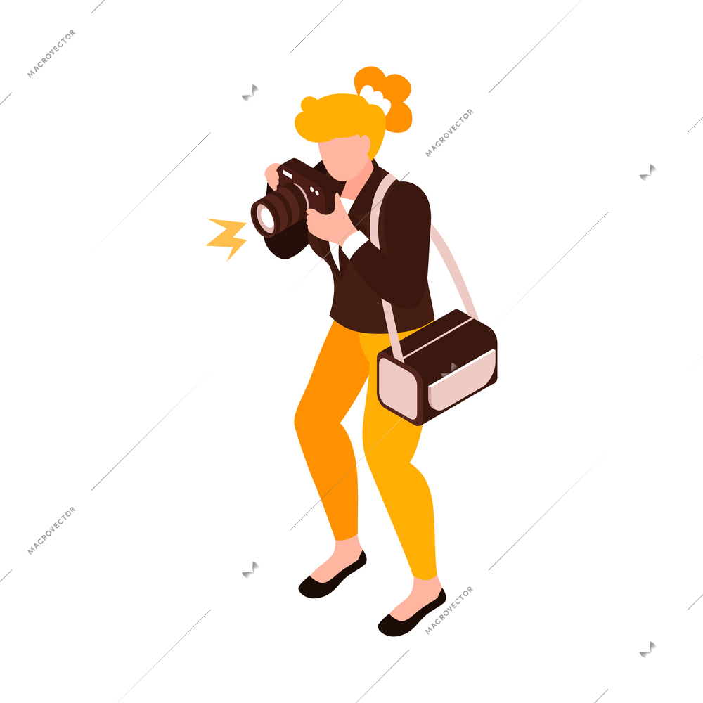 Isometric celebrities red carpet paparazzi composition with isolated human character of girl with camera vector illustration