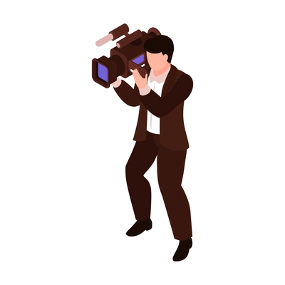 Isometric celebrities red carpet paparazzi composition with isolated human character of guy with video camera vector illustration