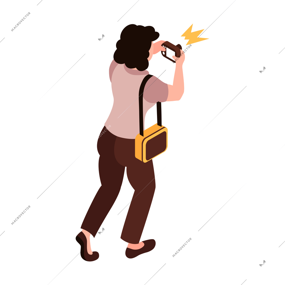 Isometric celebrities red carpet paparazzi composition with isolated human character of woman with camera vector illustration