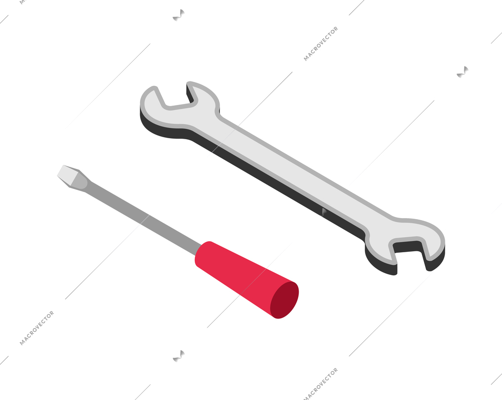 Isometric auto repair composition with isolated image of screwdriver and wrench on blank background vector illustration