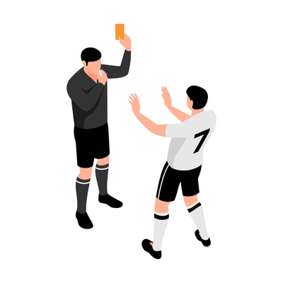 Isometric football soccer sport composition with isolated human character of judge showing yellow card to player vector illustration