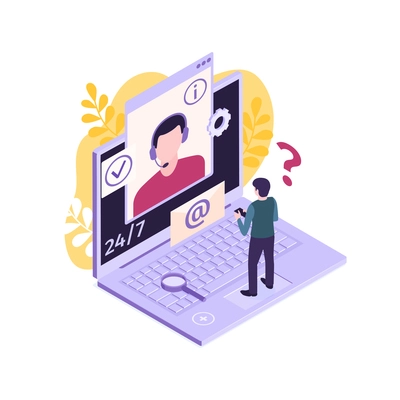 Isometric customer support faq composition with human character and laptop with email sign and envelope vector illustration