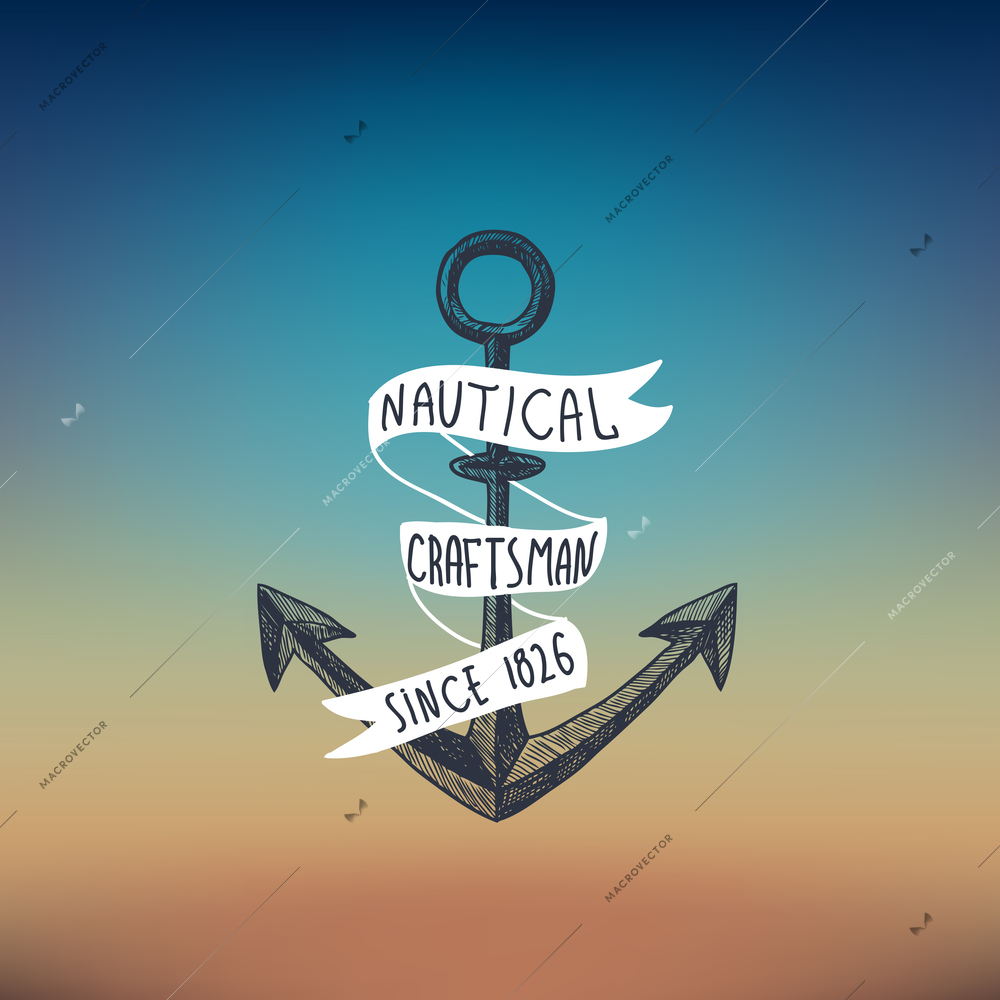 Nautical sketch background with anchor and white ribbon vector illustration