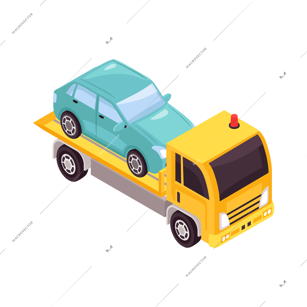 Isometric tow truck car vehicle transportation help road composition with isolated image vector illustration