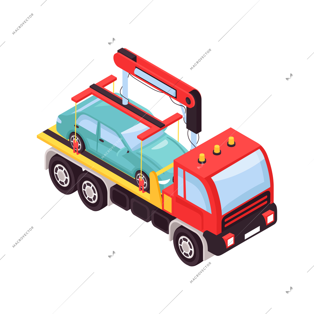 Isometric tow truck car vehicle transportation help road composition with isolated image vector illustration