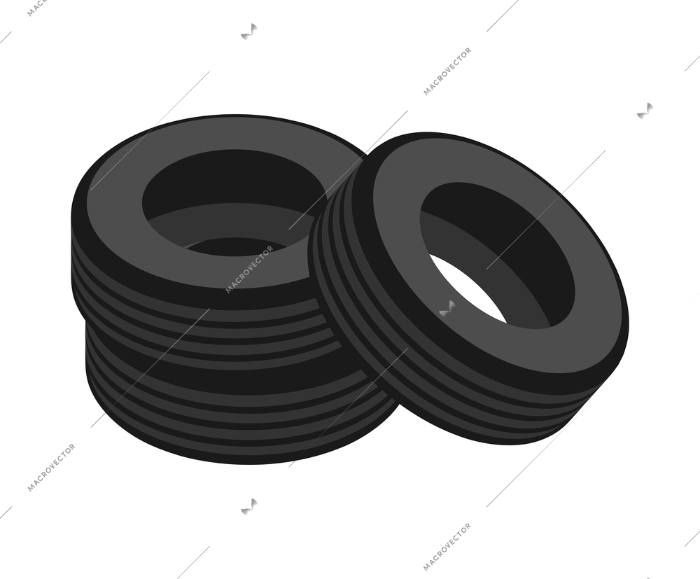 Isometric auto repair composition with isolated image of car tyres bunch on blank background vector illustration