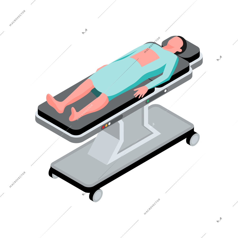 Isometric surgeon doctor composition with isolated view of wheel cart with lying patient vector illustration