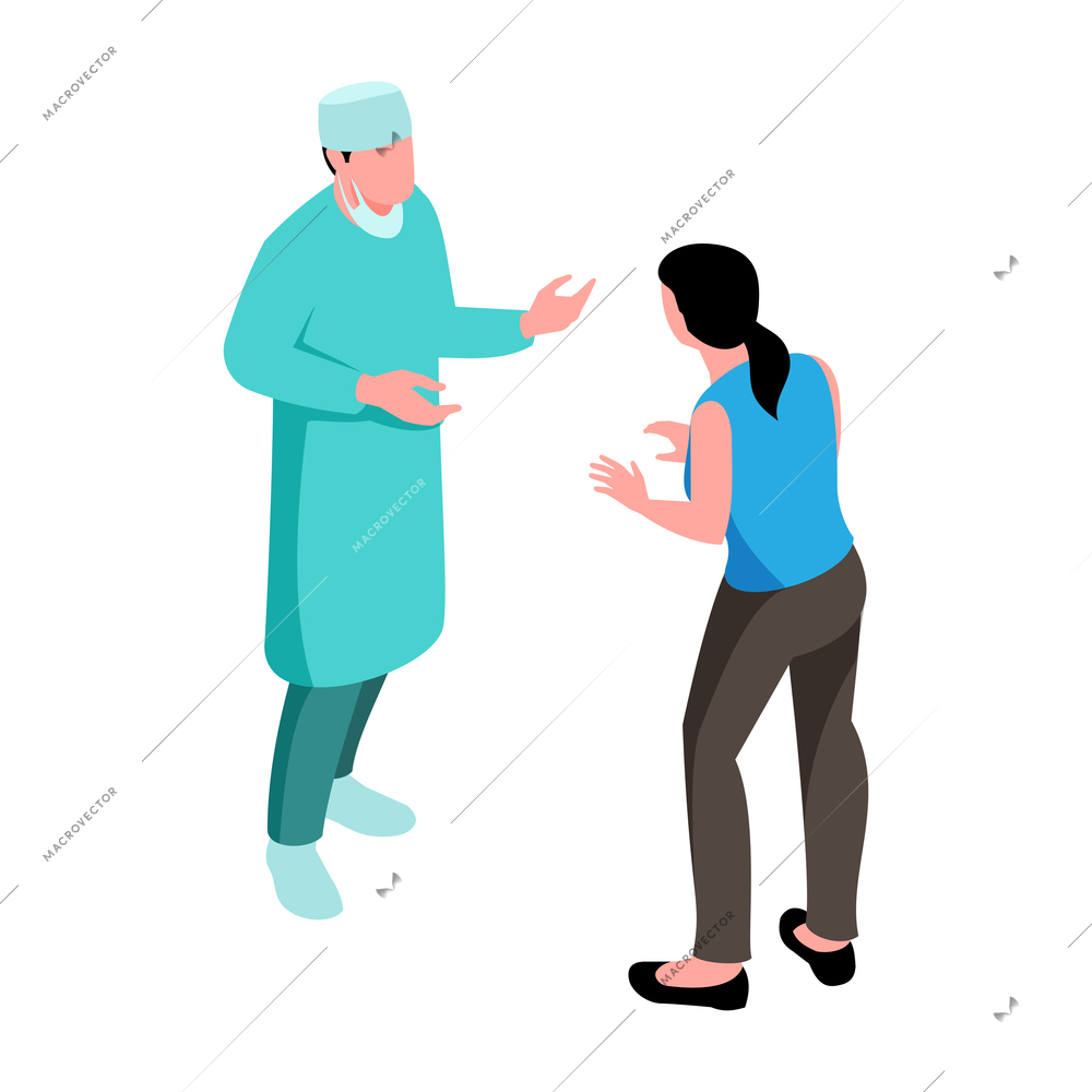 Isometric surgeon doctor composition with isolated human characters of medical specialist talking to client vector illustration