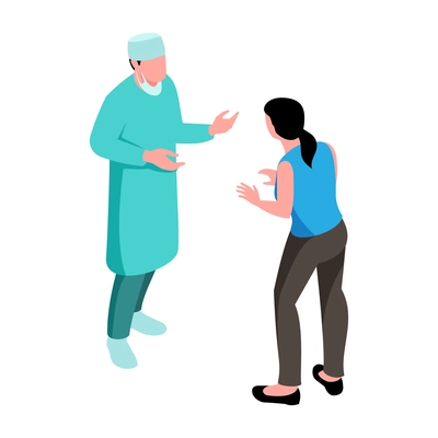 Isometric surgeon doctor composition with isolated human characters of medical specialist talking to client vector illustration