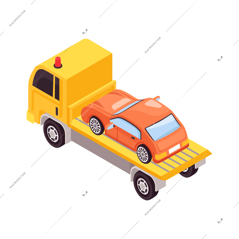 Isometric tow truck car vehicle transportation help road composition with isolated image vector illustration