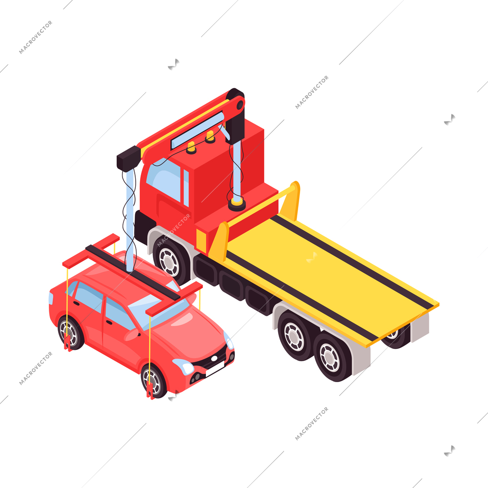 Isometric tow truck car vehicle transportation help road composition with isolated image vector illustration