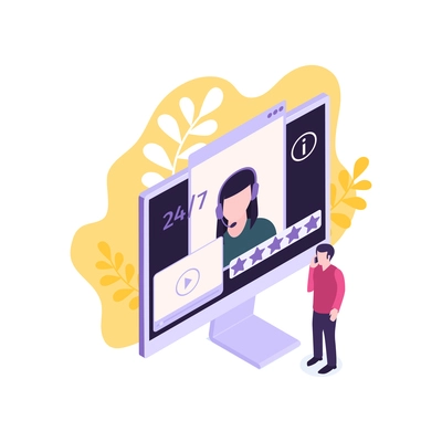 Isometric customer support faq composition with human character and computer with tech agent vector illustration