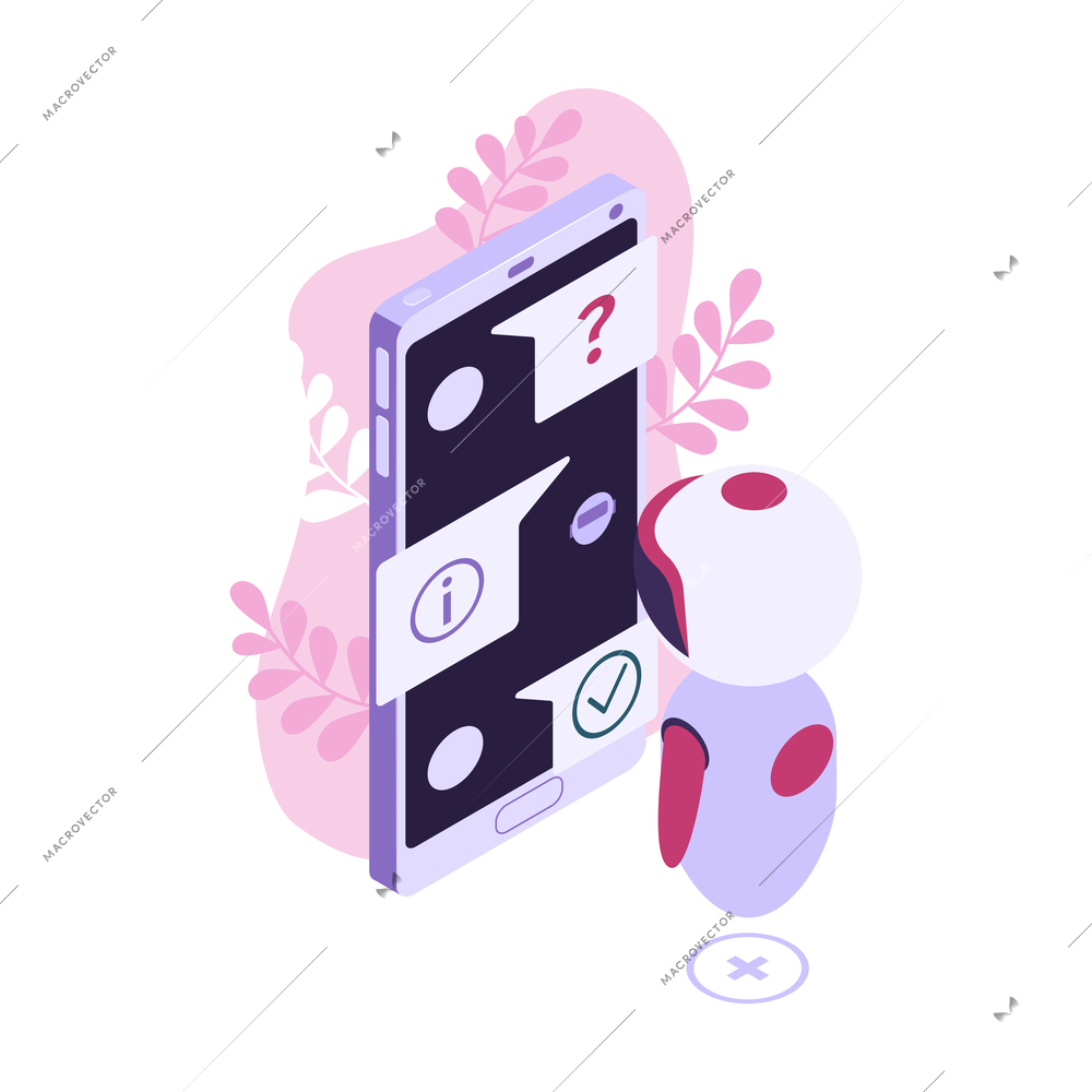 Isometric customer support faq composition with character of robot working with smartphone vector illustration