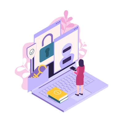 Isometric customer support faq composition with human character and laptop with locked data vector illustration