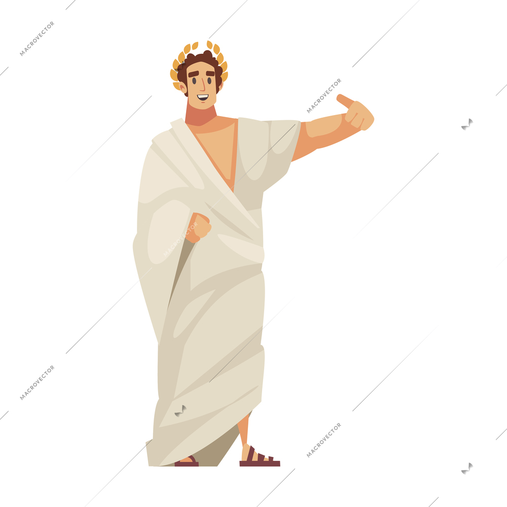 Ancient rome gladiator composition with isolated doodle style character of roman emperor in white gown with laurel wreath vector illustration