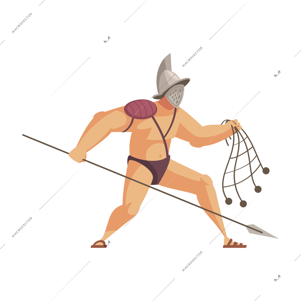 Ancient rome gladiator composition with isolated doodle style character of roman gladiator with spear and net vector illustration