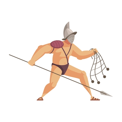 Ancient rome gladiator composition with isolated doodle style character of roman gladiator with spear and net vector illustration