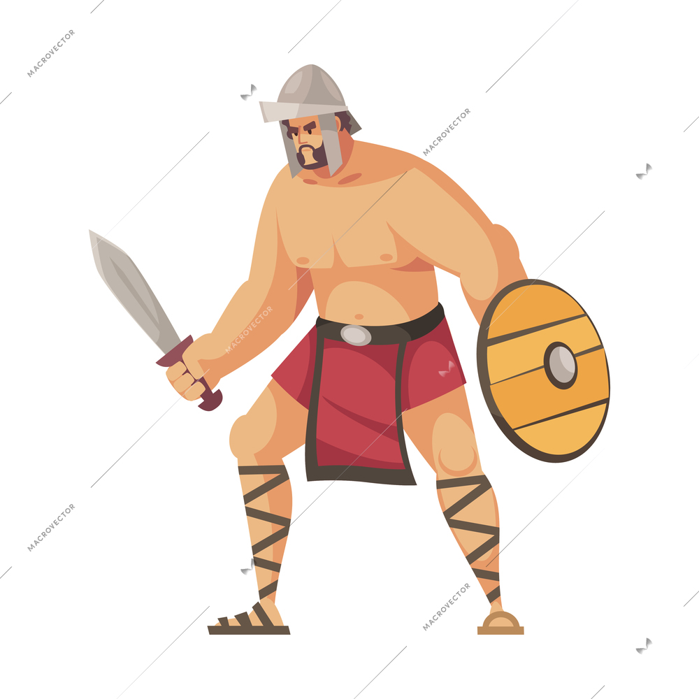 Ancient rome gladiator composition with isolated doodle style character of roman gladiator with sword and shield vector illustration