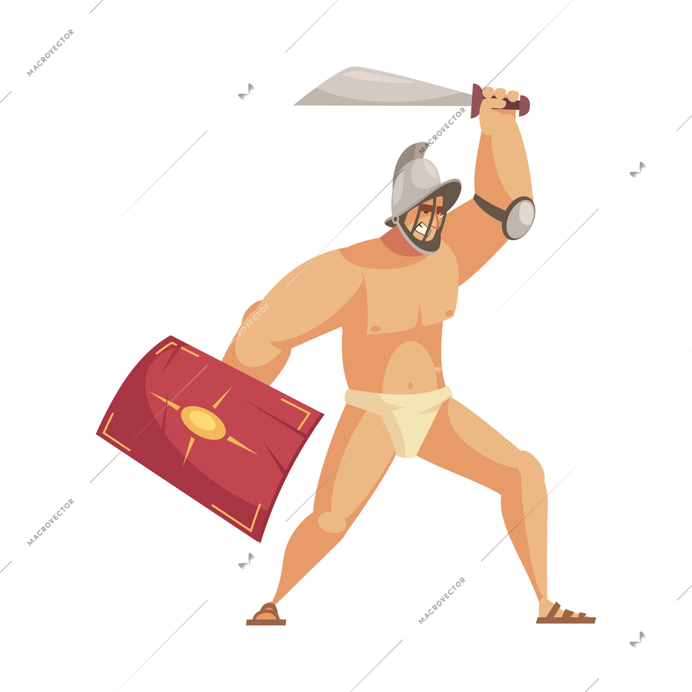 Ancient rome gladiator composition with isolated doodle style character of roman gladiator with sword and shield vector illustration