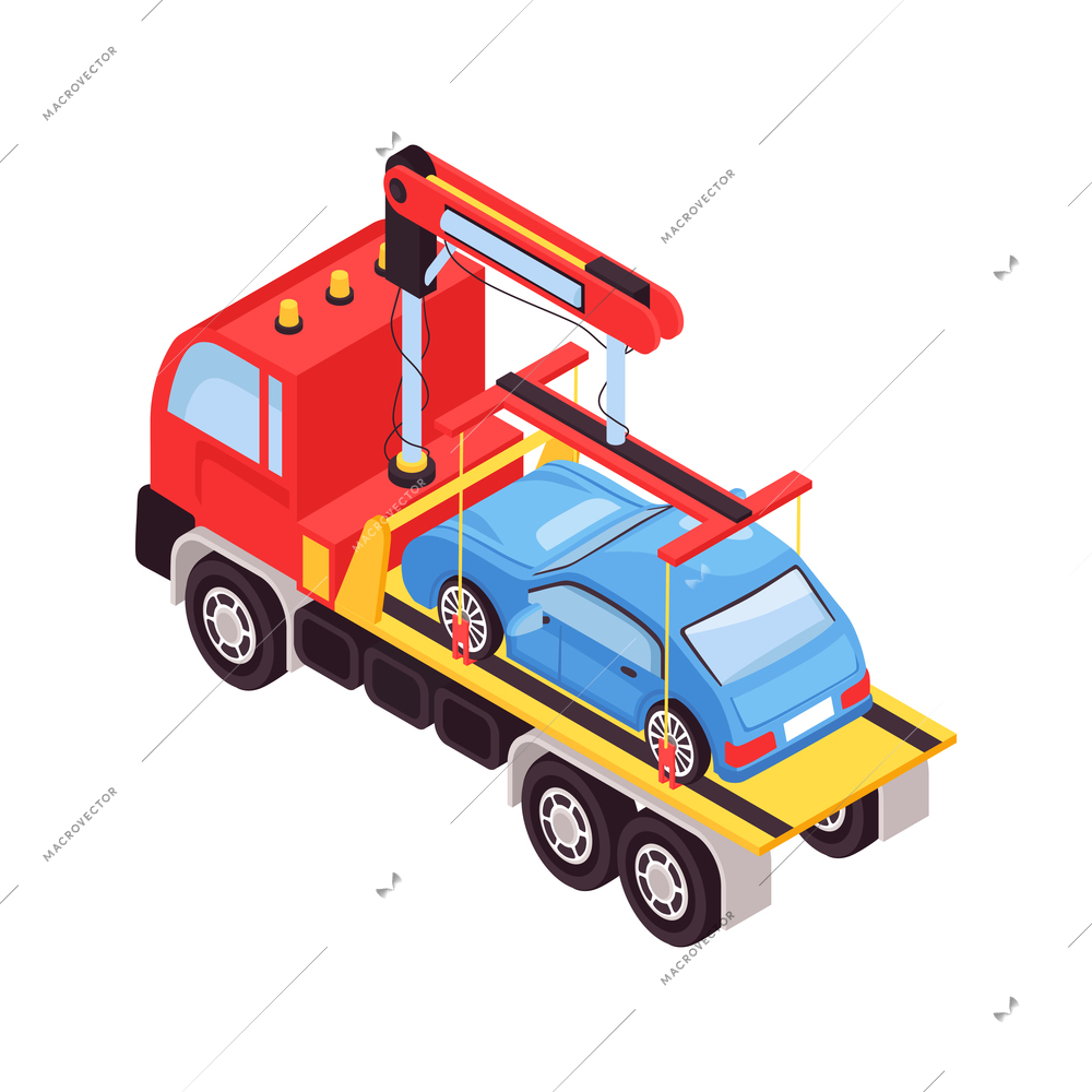 Isometric tow truck car vehicle transportation help road composition with isolated image vector illustration