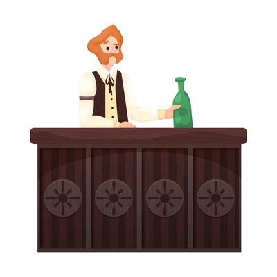 Wild west cowboy composition with isolated human character of bartender with bottle at bar stand on blank background vector illustration