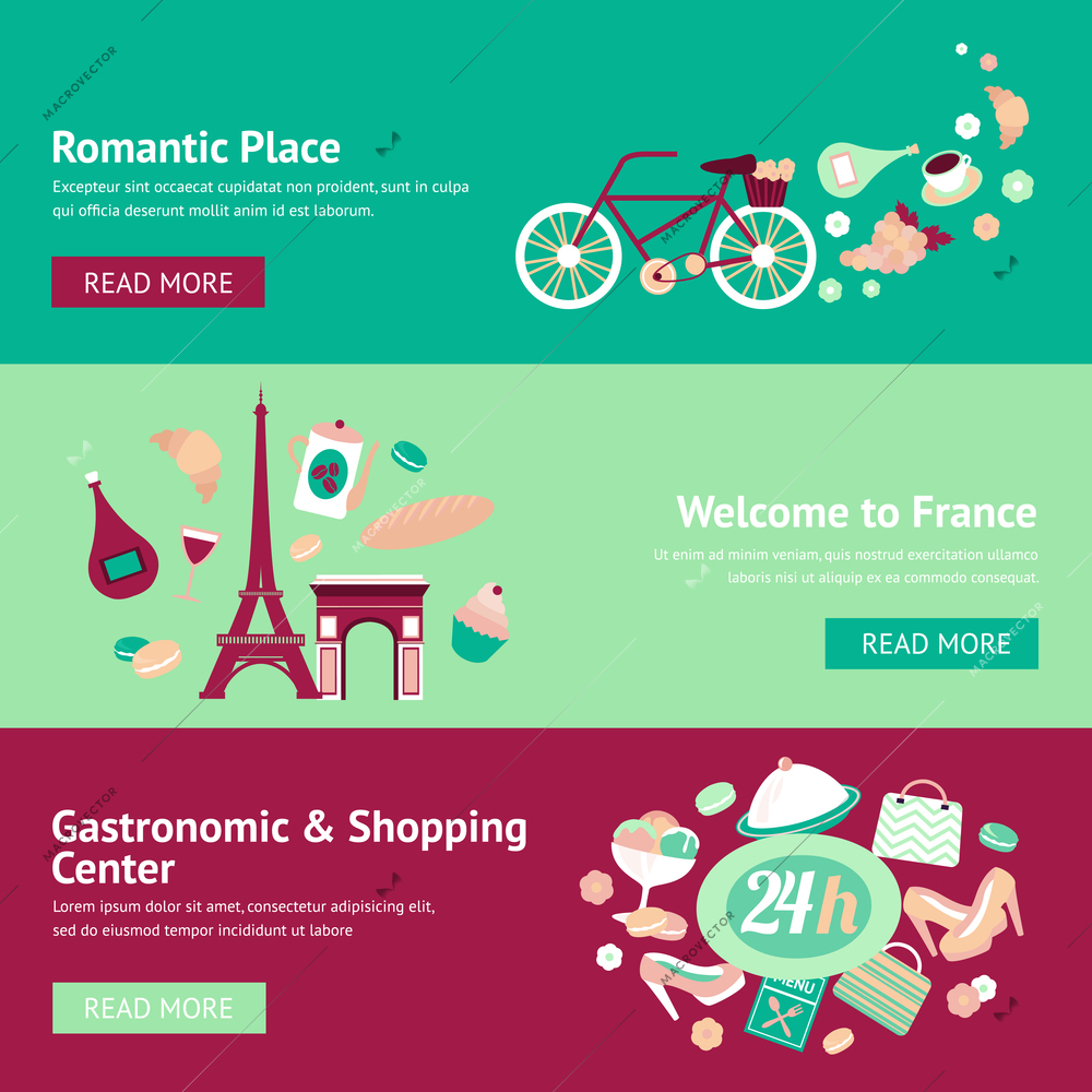 France banner set with romantic place welcome gastronomic and shopping center isolated vector illustration