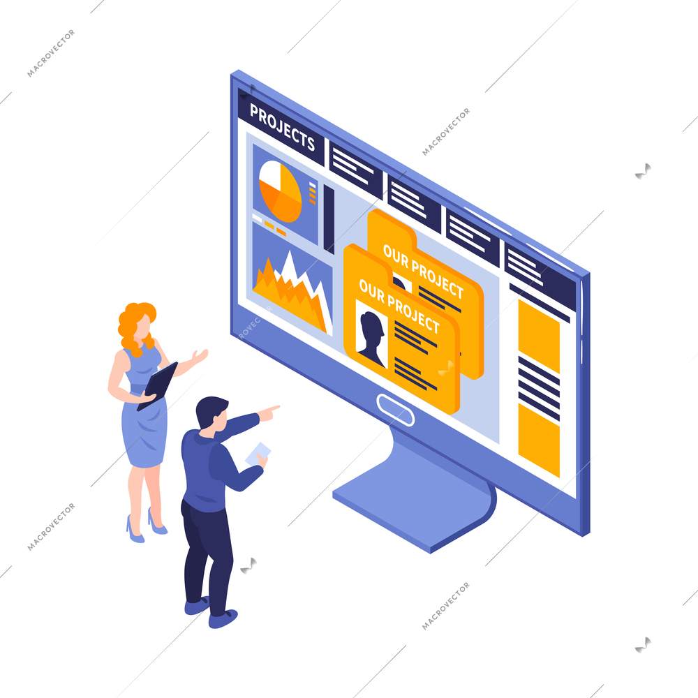 Isometric marketing strategy business composition of isolated computer screen with human characters on blank background vector illustration